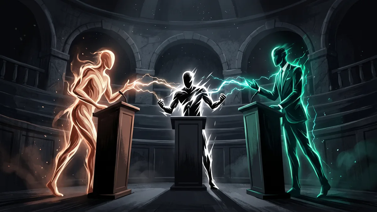 Three glowing figures facing off at podiums in a dark stone arena, crackling with electric arcs between them