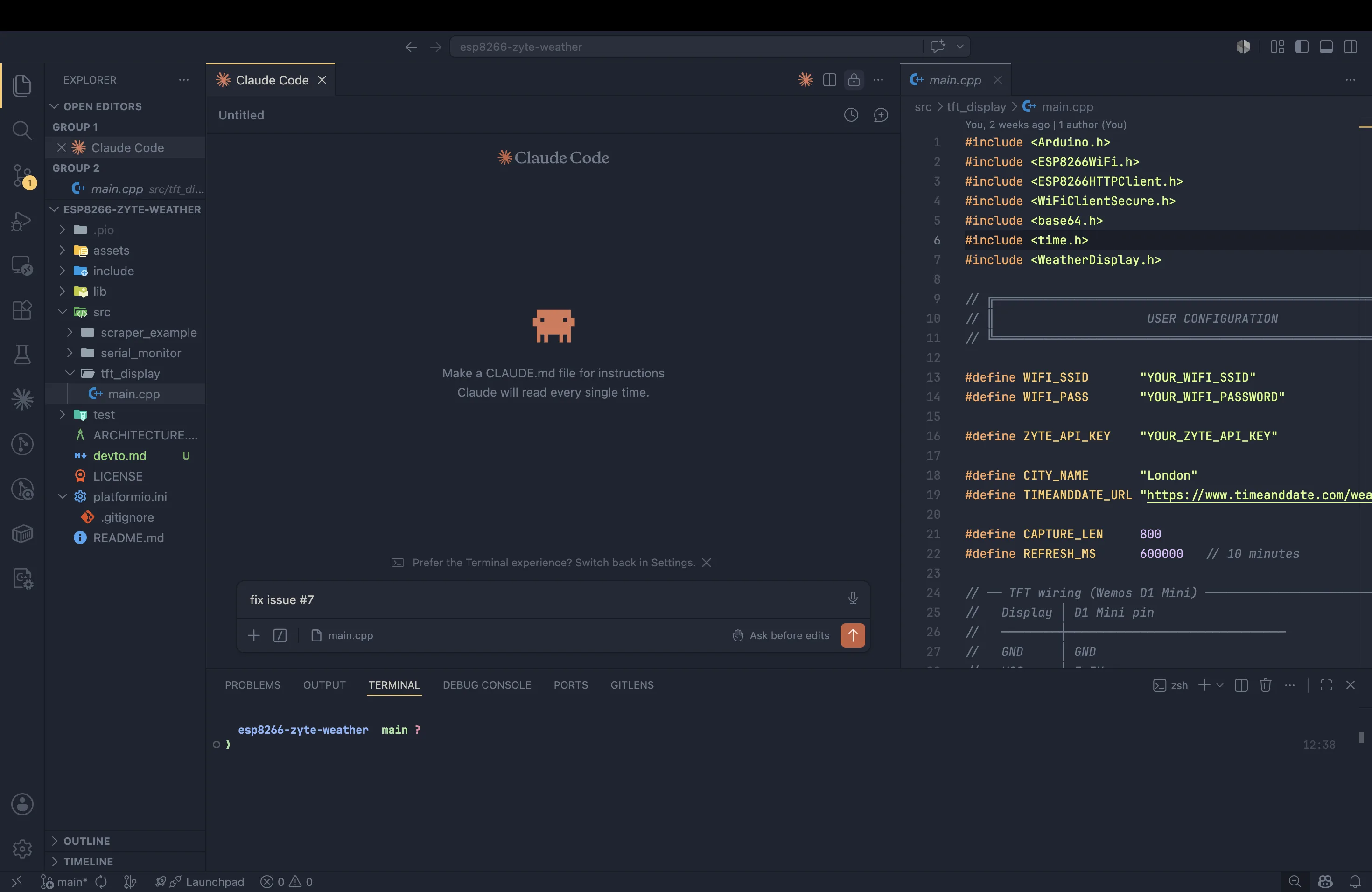 VS Code layout with file explorer on left, terminal at bottom, Claude Code chat centered, and output panel on right