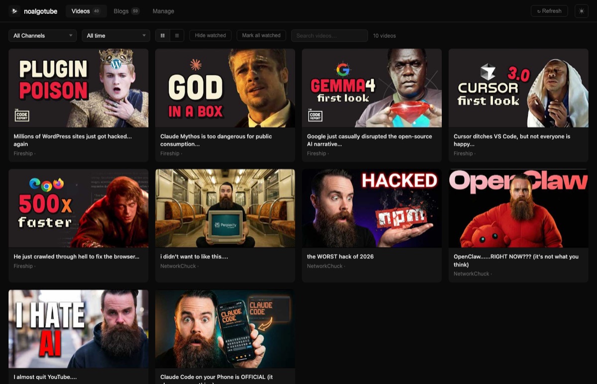noalgotube videos view showing recent videos from subscribed channels