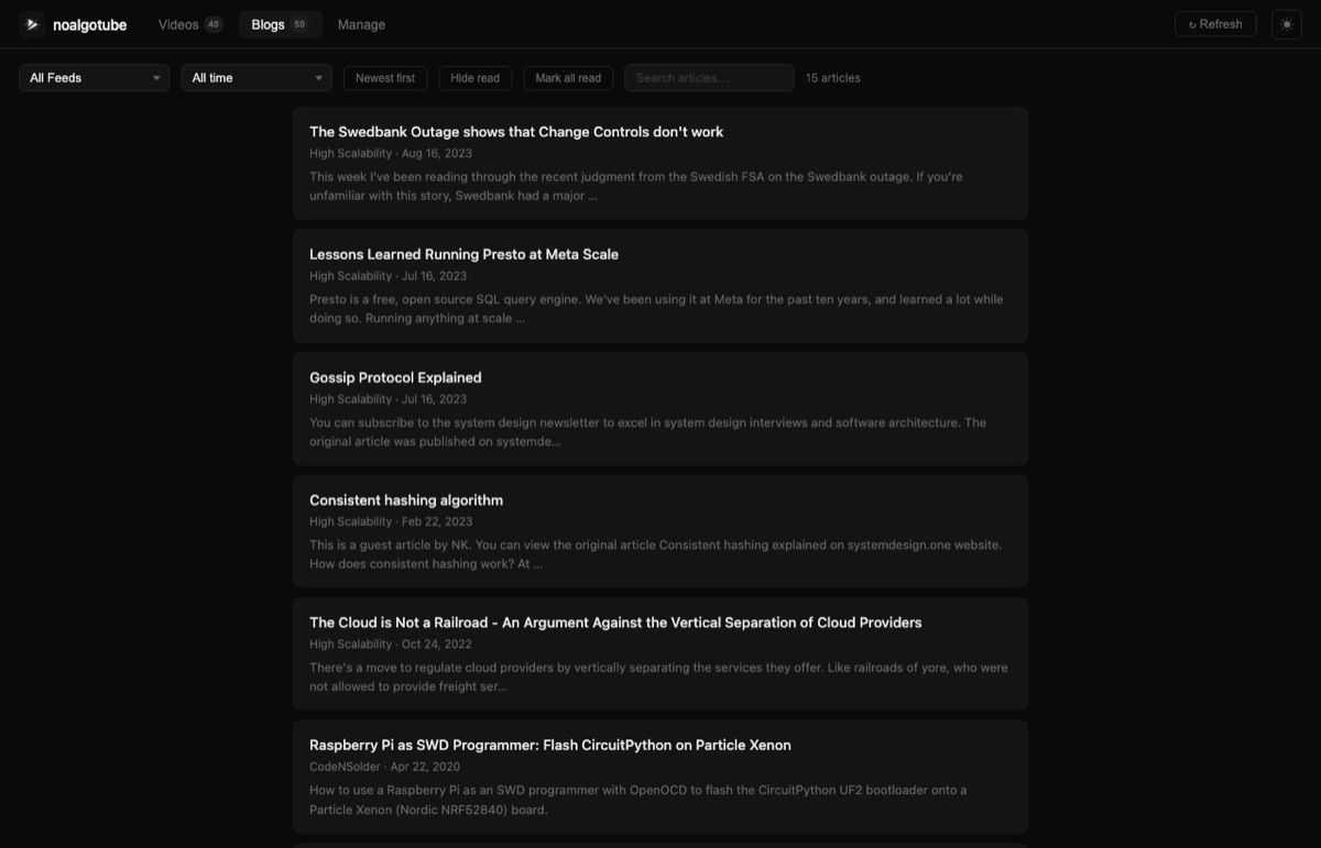 Blogs view showing RSS articles from subscribed feeds
