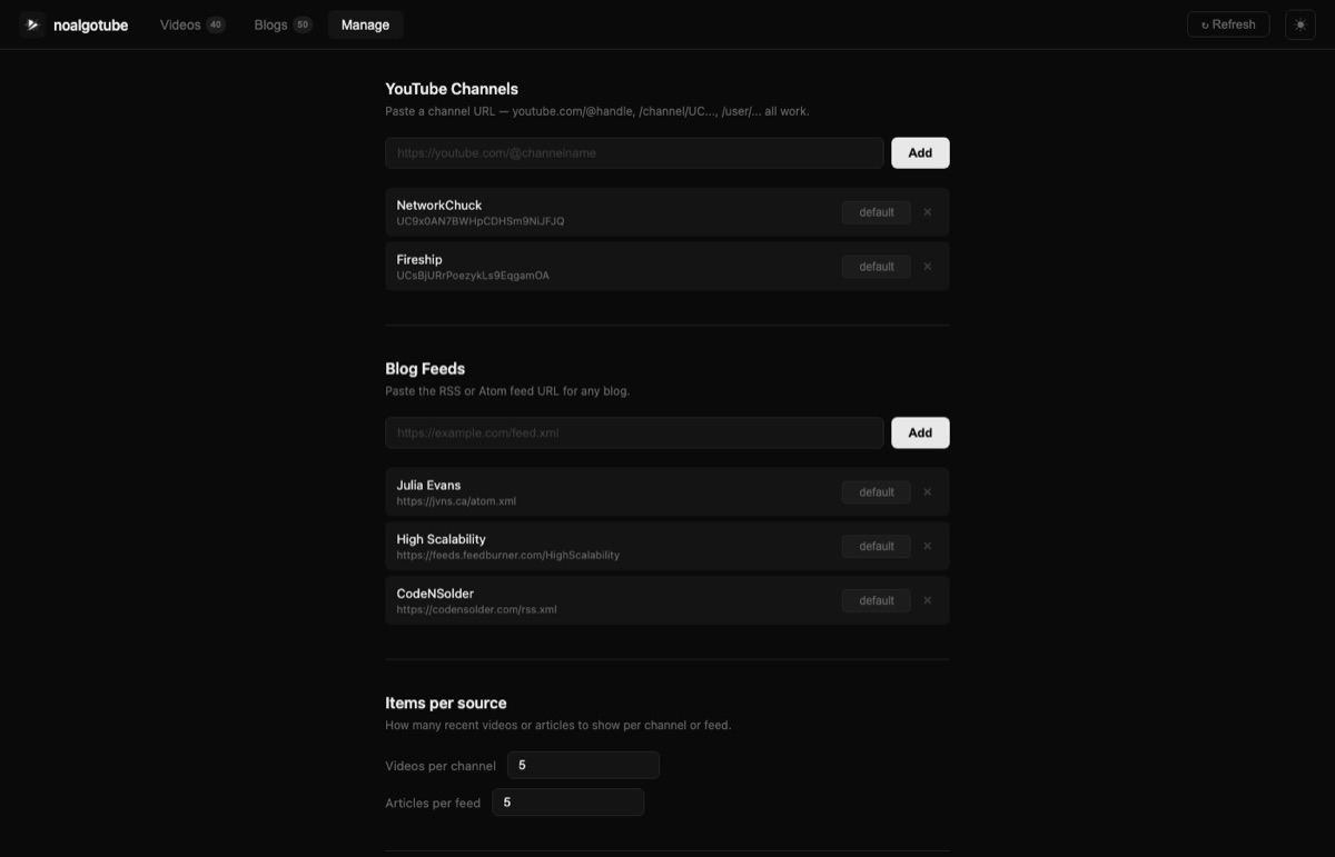 Manage page showing YouTube channels and blog feeds