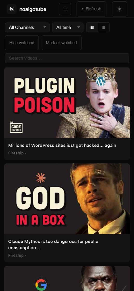 noalgotube on mobile showing the videos feed