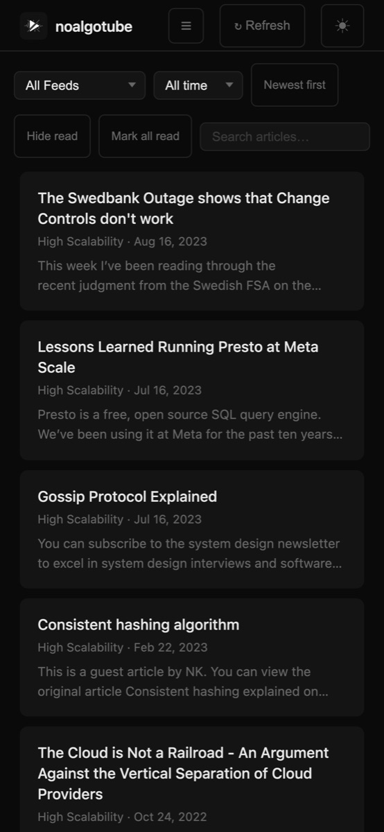 Mobile blogs view showing RSS articles
