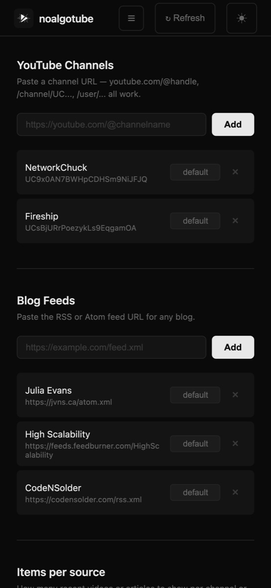 Mobile manage page showing channels and feeds