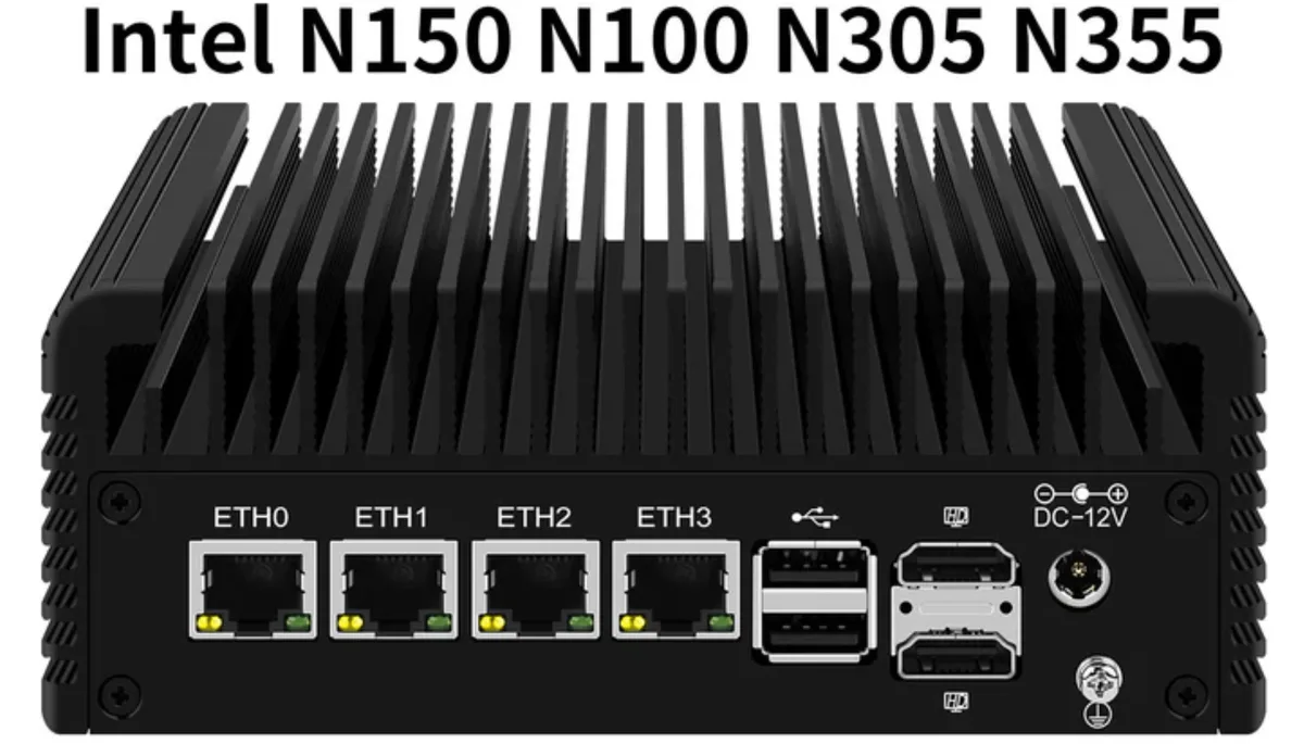 N100 mini-PC with 4× 2.5 GbE NICs (ETH0–ETH3) — the fanless firewall appliance running OPNsense
